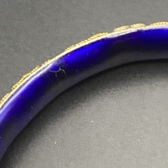 Vintage Cloisonné Bangle Bracelet Blue Gold Floral Motif Enamel Hinged 7"x1/3"w - Picture 13 of 15